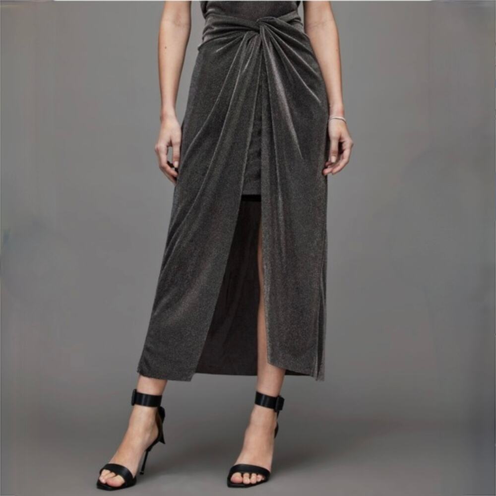 AllSaints Sami Metallic Front-Knot Woven Midi Skirt - Black - Silver - Size 6